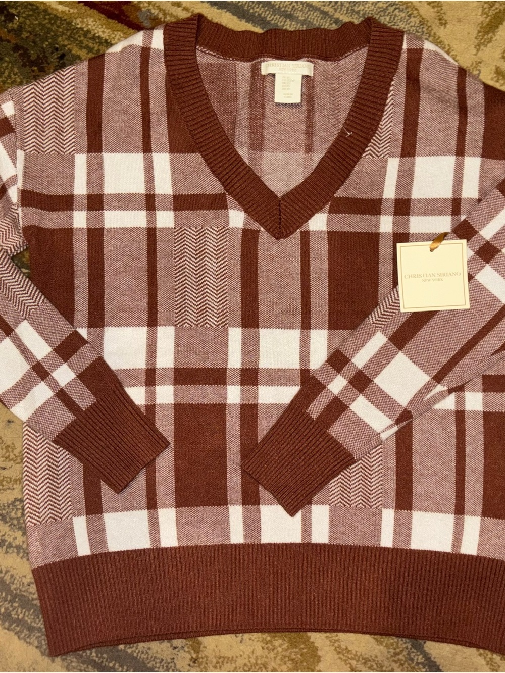 Christian Siriano Rust and Cream Plaid V-Neck Sweater
